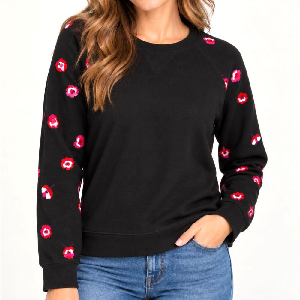 Kate Spade Floral Sleeve Sweatshirt Small Black Red Cotton Pullover Preppy Bow